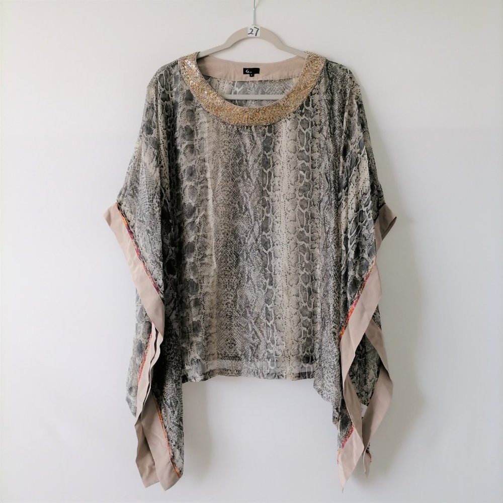 6 By Six Womens Multicolor Animal Print Round Neck Baeded Kimono Top Size Small